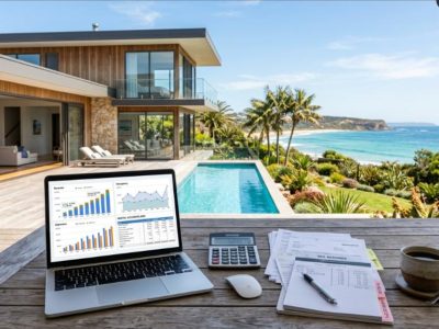 Modern Australian holiday home with pool, laptop showing rental income charts, calculator and tax records on outdoor table