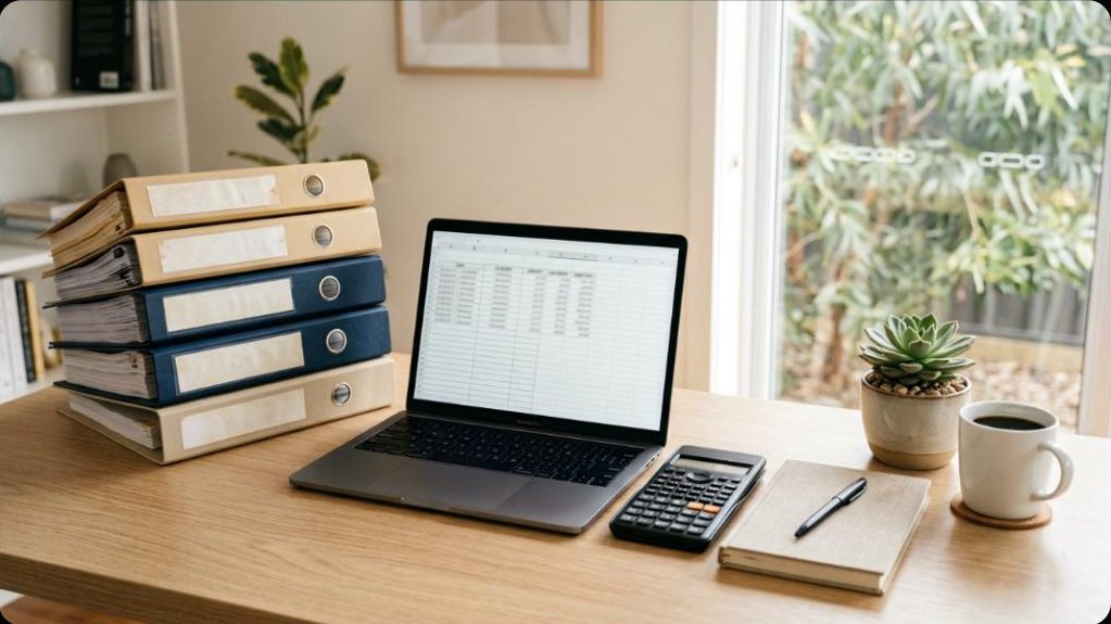 Organised desk with labelled folders, laptop spreadsheet and calculator representing good holiday home tax record keeping