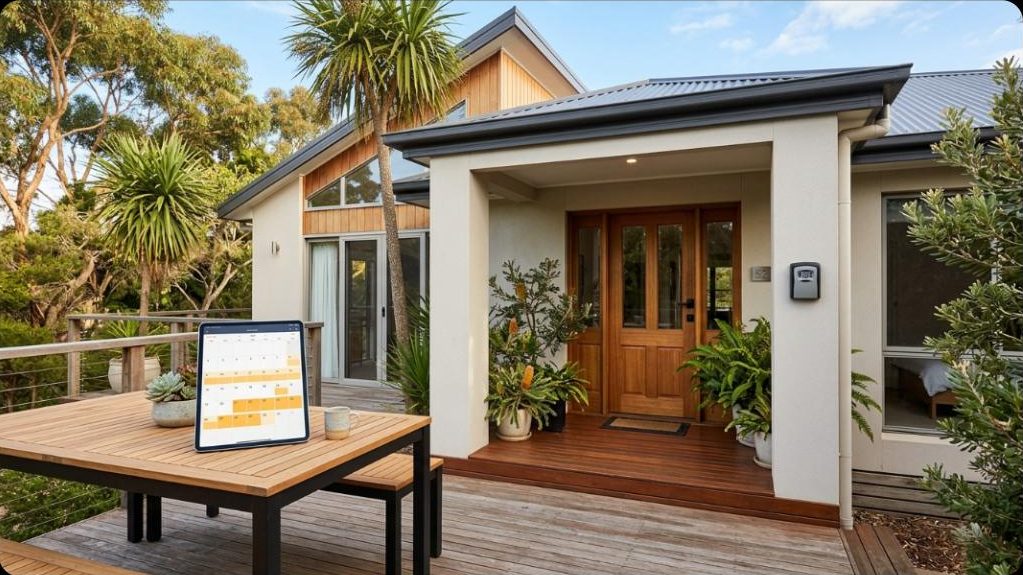 Modern Australian holiday home entrance with lockbox and tablet showing a booking calendar, representing a genuine short-term rental property