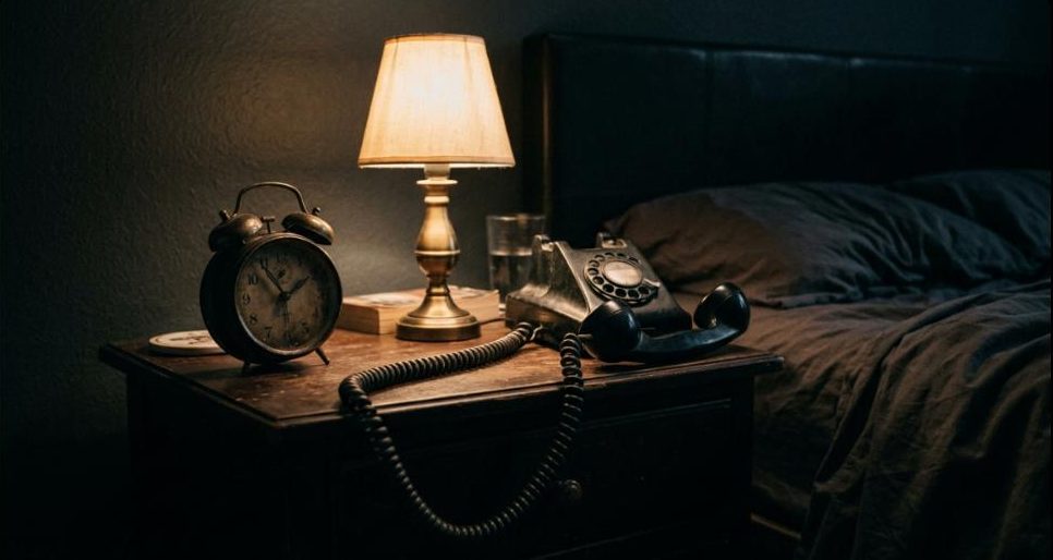 Nightstand with an old alarm clock and a landline phone off the hook late at night, representing an emergency call about a self-managed rental property
