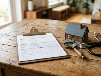 Clipboard with a property inspection checklist next to a model house, magnifying glass and stethoscope, representing a landlord health check