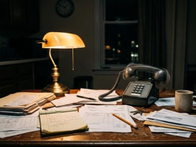 Landlord's desk at night with a ringing phone and scattered paperwork, representing the stress of self-managing a rental property