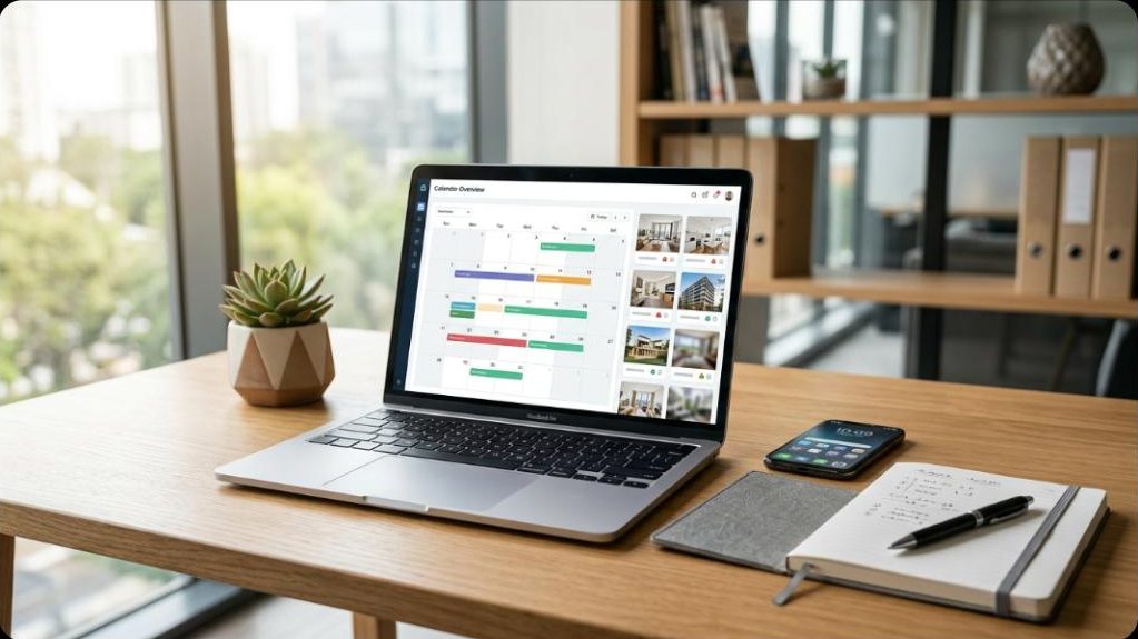 Property management workspace with laptop showing a booking dashboard and calendar for professionally managed holiday rentals
