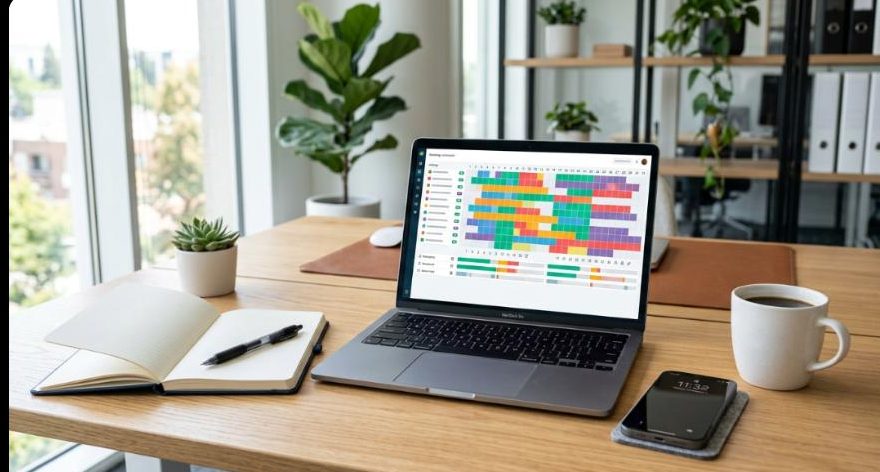 Property manager's desk with a laptop showing a booking calendar dashboard, representing professional short-term rental management