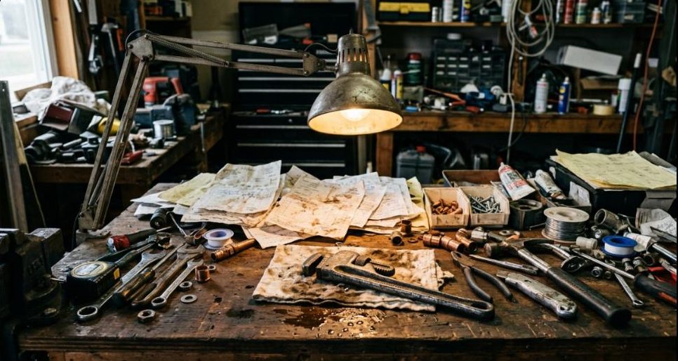 Cluttered workbench with tools, spare parts and repair receipts under a work lamp, representing the ongoing maintenance burden of self-managing a rental property
