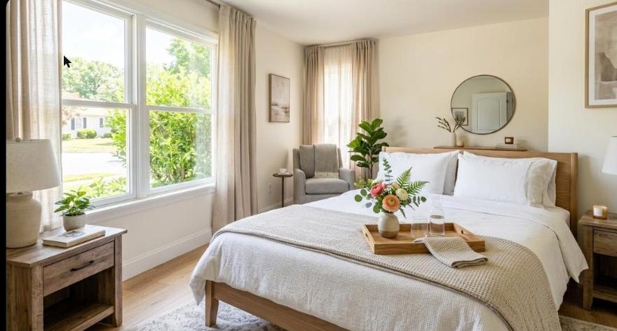 Stylish short-term rental bedroom with fresh linens and a welcome tray, representing a well-presented Airbnb-style property